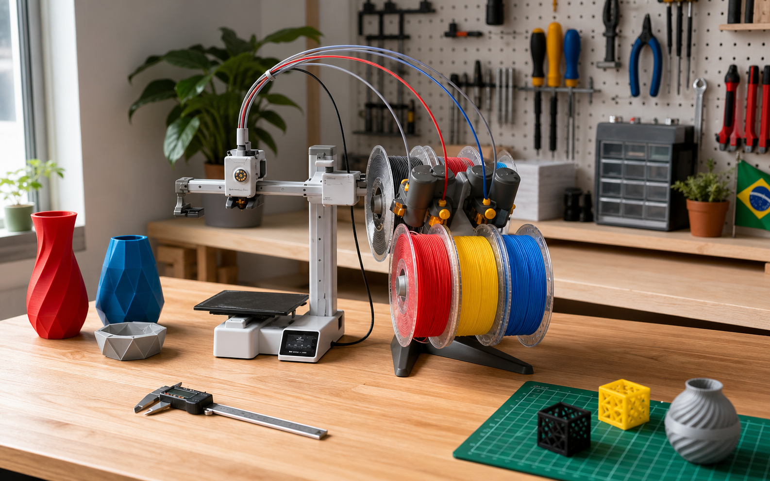 Bancada maker com impressora 3D Bambu Lab A1 Mini, filamentos coloridos e ferramentas